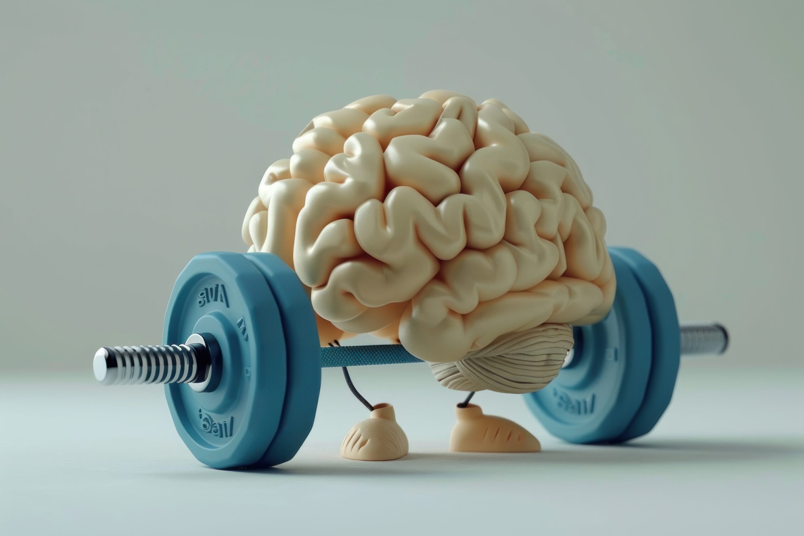 A cute cartoon human brain lifting weights with blue barbells on a light grey background. The high resolution photograph shows insanely detailed and intricate fine details in the style of stock photography. --ar 3:2 --style raw Job ID: 875ea4c2-0170-42dd-9bf1-98d93e8ea247